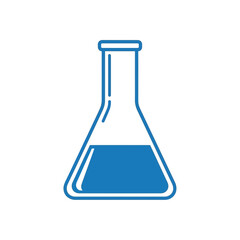 Simple blue laboratory flask icon with liquid, representing science and research