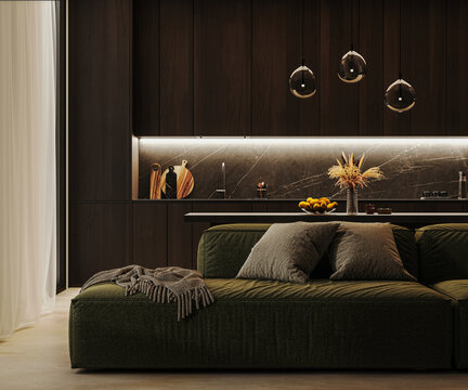 Modern studio interior at night, kitchen and living room interior