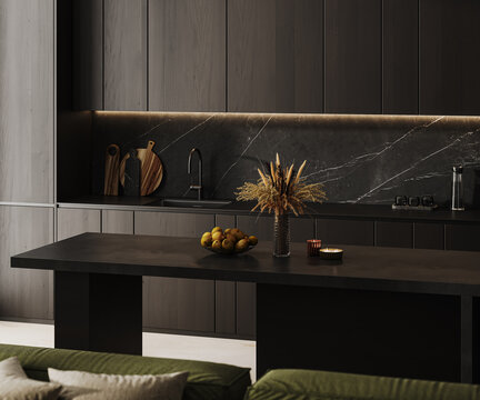 Elegant dark kitchen with black marble backsplash
