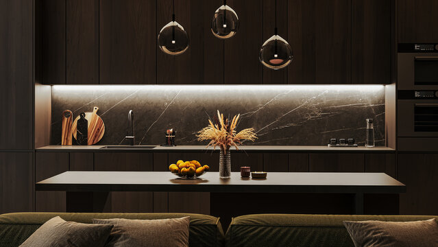 Dark wooden kitchen with an island in a modern studio at night