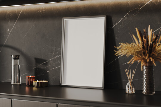 Empty poster or picture frame mock-up in luxurious dark interior