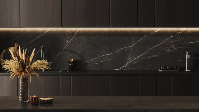 Kitchen island countertop , modern luxury dark kitchen background, 3d