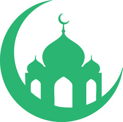 Green silhouette of a mosque with crescent moon and star on white background islam