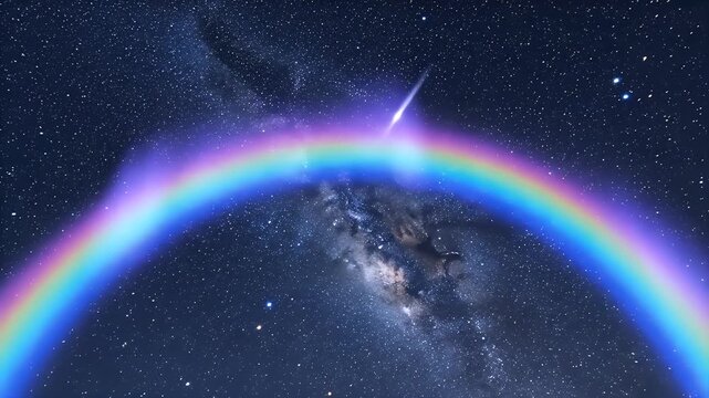 Rainbow Arching Over Milky Way Galaxy Night Sky.