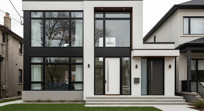 Modern white house with large windows and sleek design elements.