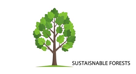 Fototapeta premium Minimalist illustration of single tree with green leaves and small grass patch against clean white background and text stainable forests
