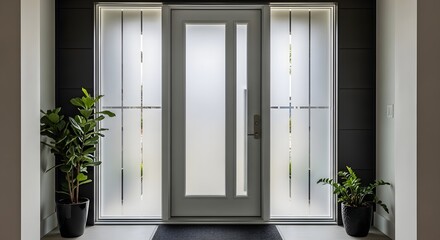 Modern entrance with a sleek gray door and potted plants on either side.