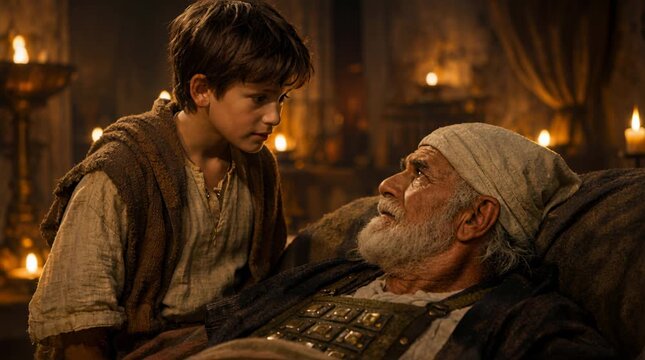 Young Boy Samuel Hearing God&rsquo;s Voice at Night in the Temple with Priest Eli