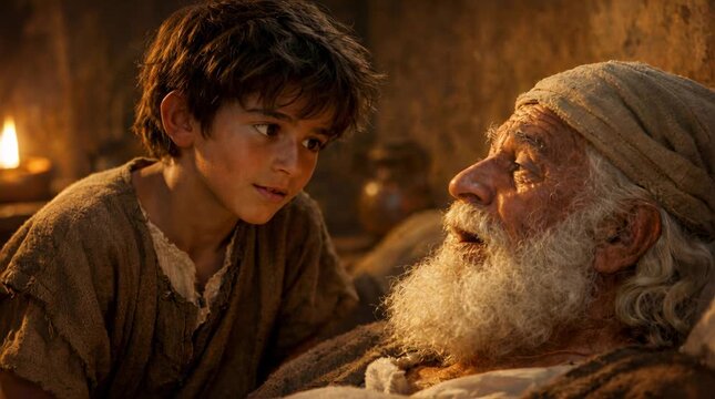 Young Boy Samuel Hearing God&rsquo;s Voice at Night in the Temple with Priest Eli