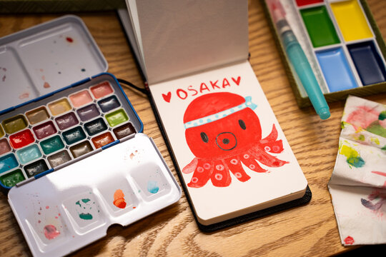 Osaka watercolor Octopus, travel Japan