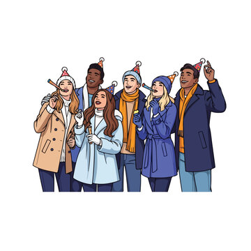 Group of People Celebrating with Party Hats.