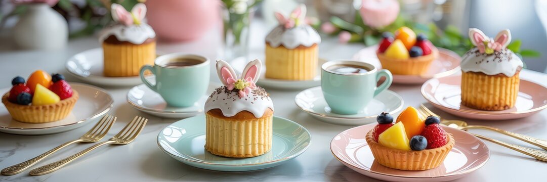 Easter brunch dessert banner with bunny cupcake frosting, pastel teacups, fruit tart berries and gold cutlery on elegant table setting, bright colourful background with copyspace