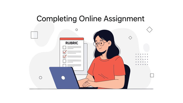 Student Completing Online Assignment on Laptop with Rubric