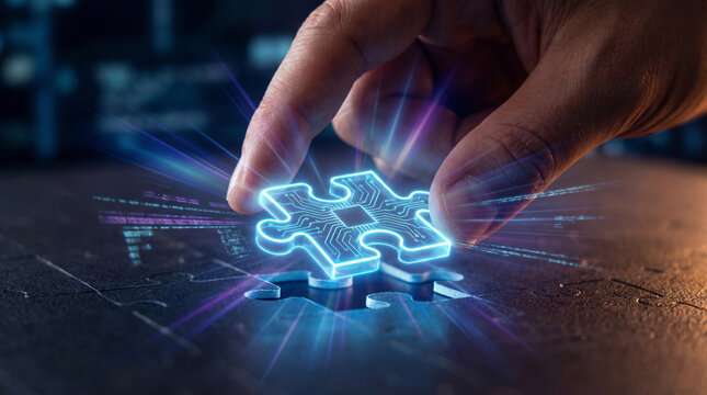 Hand placing the final glowing blue digital puzzle piece into a gap, symbolizing problem-solving, innovation, and business solutions.
