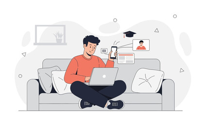 Fototapeta premium Man learning online on laptop and phone, sitting on sofa, modern illustration style