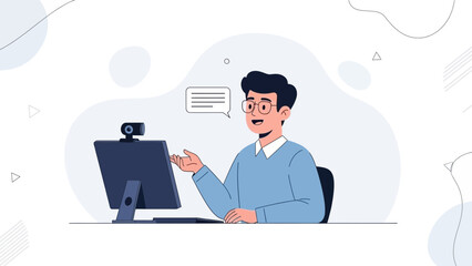 Man Talking on Video Call, Online Communication, Computer and Webcam