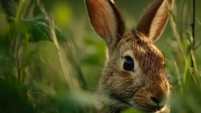 Wild rabbit peeks through lush greenery in a serene natural setting documentary style