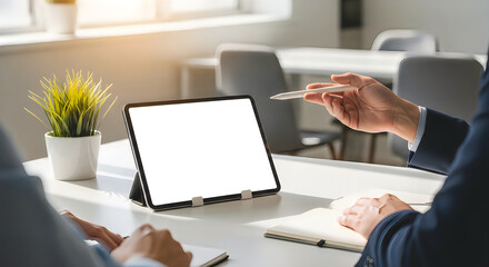 Fototapeta premium Tablet Mockup Presentation in Modern Office – Blank Screen for Business Meeting and Digital Marketing