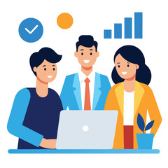 Fototapeta premium Three smiling business people, two men and a woman, collaborating behind a laptop in an office environment.