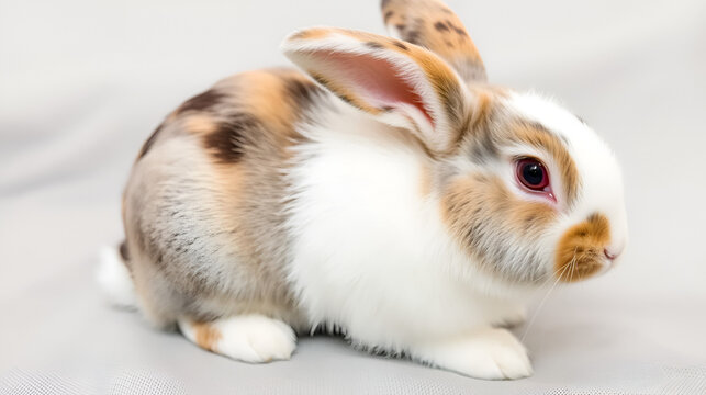 A pet rabbit with dilute calico markings and a large dewlap