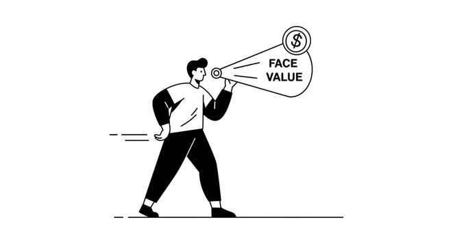 Line Art Illustration of a Person Announcing 'Face Value' with Money Symbol