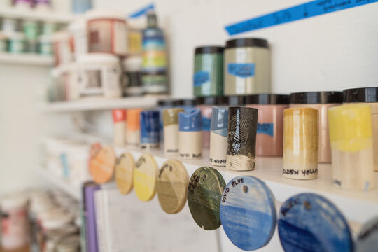 Ceramic glaze samples in pottery studio  
