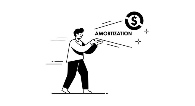 Line Art Illustration of a Person Holding a Coin with the Word Amortization Symbolizing Financial Planning