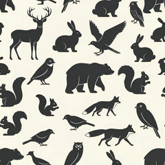 Obraz premium Seamless Pattern of Forest Animals Silhouettes on Cream Background 9.
