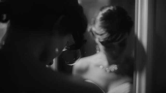 A bride adjusts her white wedding dress and gloves in a mirror reflection, captured in a cinematic video.