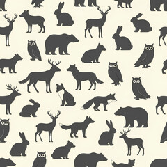 Obraz premium Seamless Pattern of Forest Animals Silhouettes on Cream Background.