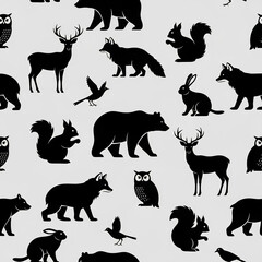 Obraz premium Seamless Pattern of Forest Animals Silhouettes on Light Background 3.