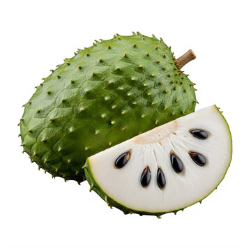 A green soursop fruit with a slice cut off to show the inside isolated on transparent background
