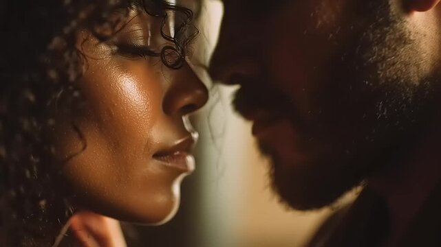 Cinematic close-up shot of a couple's tender moment, softly embracing in a warm, intimate setting