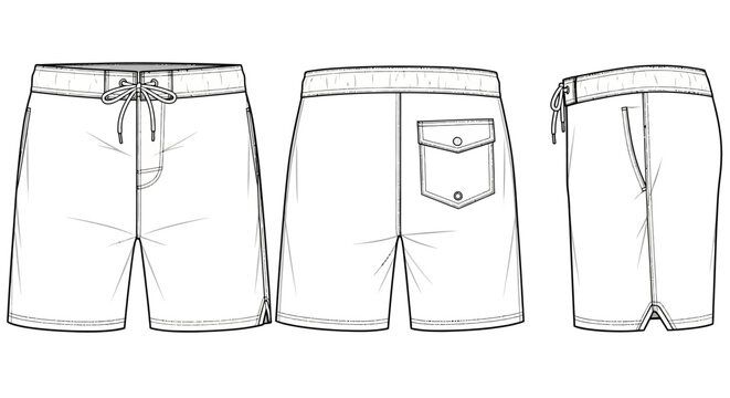Technical Drawing of Men's Board Shorts Flat Sketch Front Back Side Views