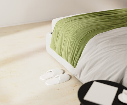 White hotel slippers near a bed in hotel interior, 3d render