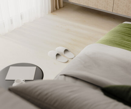 White hotel slippers near a bed in hotel interior, 3d render