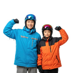 Asian father and son in winter ski gear posing with flexed arms, family sports bonding
