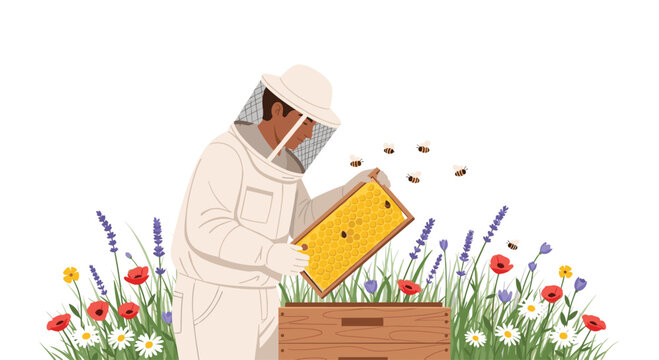 A beekeeper in a protective suit inspects a honeycomb frame from a wooden beehive, amidst a vibrant field of colorful wildflowers with buzzing bees.