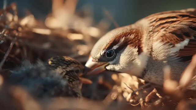 A close-up shot of a bird delicately moving its beak near a nest with straw