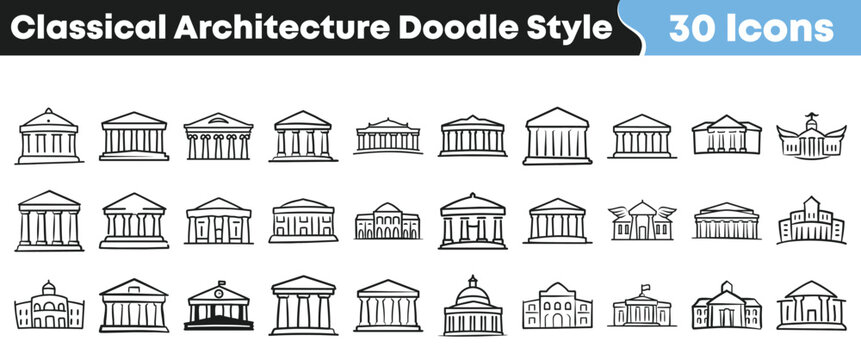 Thirty distinct classical architecture doodle style icons representing various ancient greek and roman building designs are displayed neatly in rows