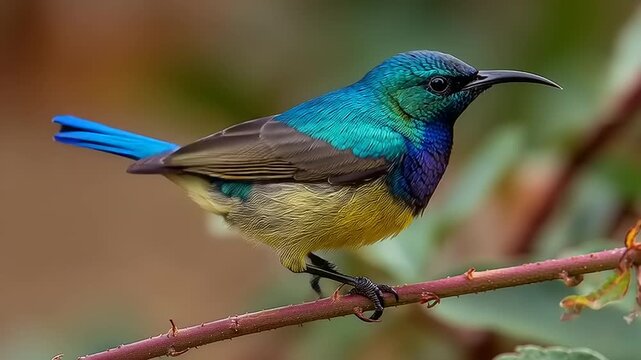 A colorful sunbird landing softly on a thin twig in a natural setting, captured in a serene video