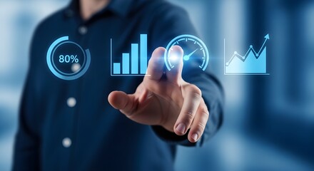 Fototapeta premium Businessman interacting with digital performance and growth metrics analysis chart