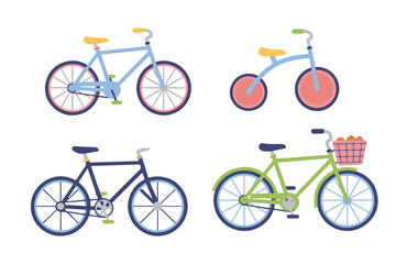 Colorful Bicycle and Tricycle Vector Illustration Set, Healthy Lifestyle Transport Collection, Cute Bike Icons for Kids and Eco-Friendly Travel
