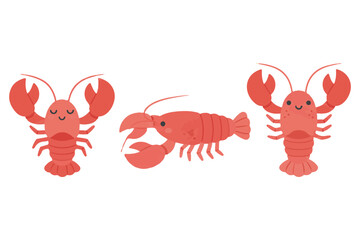 Cute Red Lobster Vector Character Set, Sea Life Animal Illustration, Marine Crustacean Collection for Seafood Menu and Kids © bytaristudio