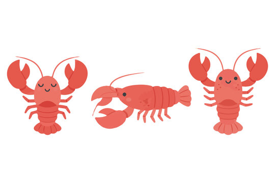 Cute Red Lobster Vector Character Set, Sea Life Animal Illustration, Marine Crustacean Collection for Seafood Menu and Kids