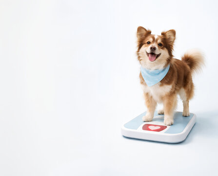 Dog on weighing scale, pet weight management and veterinary wellness concept in clean studio