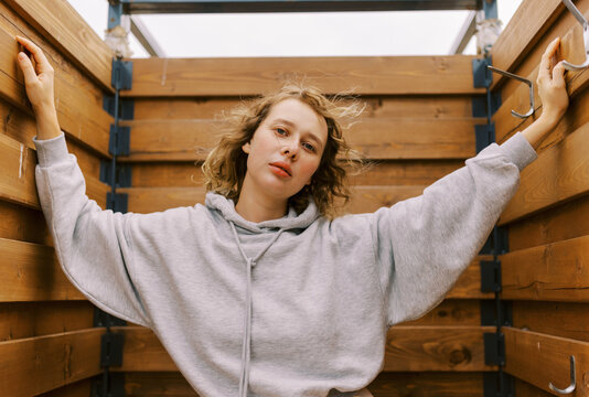 young woman inside locker room at the beach