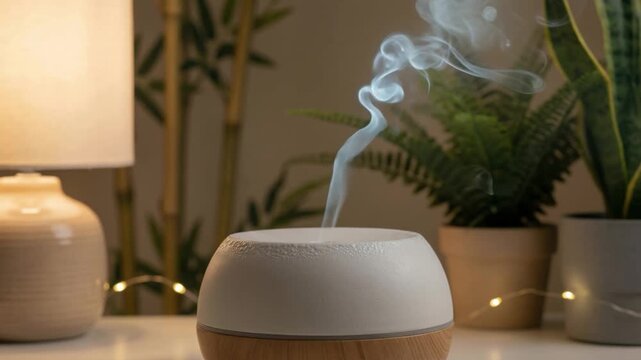 Essential oil diffuser with cool mist in calm interior - Aromatherapy and spa (4K)