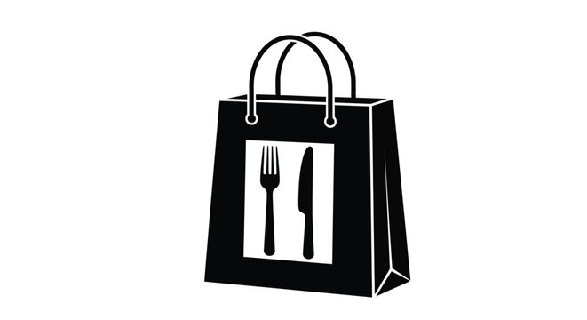 A sleek vector illustration of a takeout food delivery shopping bag featuring a prominent fork and knife icon, perfect for restaurant branding and meal service designs.