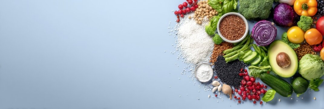 Healthy Eating Layout Features Colorful Vegetables, Fruits, and Whole Grains on a Light Background for Nutrition and Wellness Content